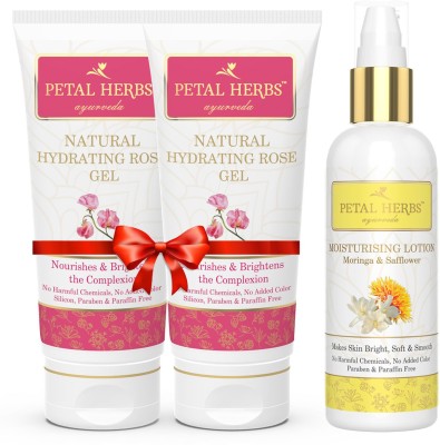 Petal Herbs Ayurveda Natural Hydrating Rose Gel for brightening the complexion 2X100GM + 100 Gm Moringa Moisturizing Lotion to reduce skin damage and lightens the dark spots Free(3 Items in the set)