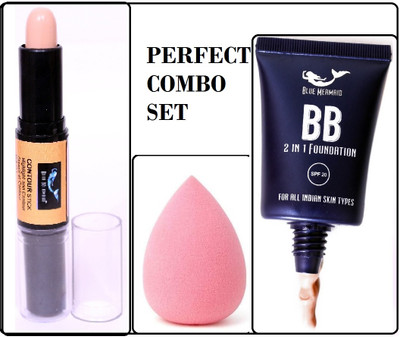 BLUEMERMAID LONG LASTING MAKEUP SPONGE WITH CONTOUR STICK & LIQUID FOUNDATION(3 Items in the set)