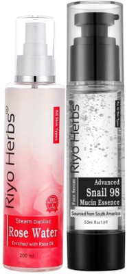 Riyo Herbs Advanced Snail mucin 98 Essence 50ml & Steam Distilled Rose water 200ml Combo(2 Items in the set)