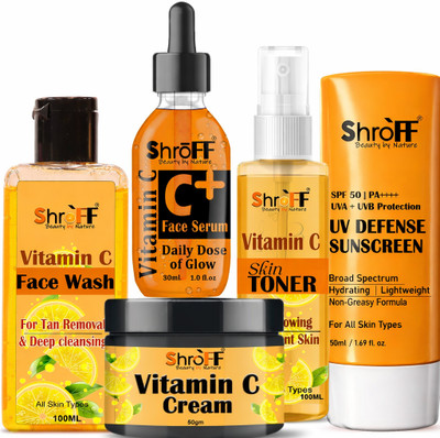 Shroff Vitamin C Complete Skincare Combo – Face Wash, Toner, Serum, Cream & Sunscreen SPF 50 for Brightening(5 Items in the set)