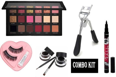 mkldsrh rose gold eyeshadow with eyelashes 36 h eyeliner & curler with gel eyeliner for face make up kit(5 Items in the set)