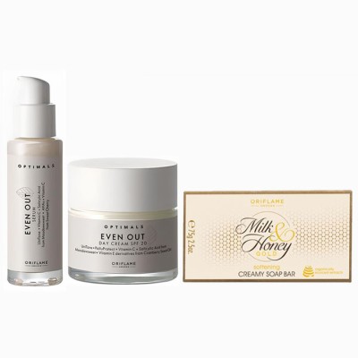 Oriflame OPTIMALS Even Out Day Cream SPF 20 50 ml with Even Out Serum 30 ml with MILK & HONEY Soap 100g(3 Items in the set)