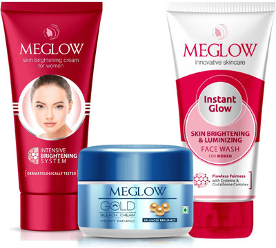 meglow GOLD BLEACH 50g + PREMIUM FAIRNESS CREAM FOR WOMEN 50g + INSTANT GLOW FACE WASH FOR WOMEN 70g(3 Items in the set)