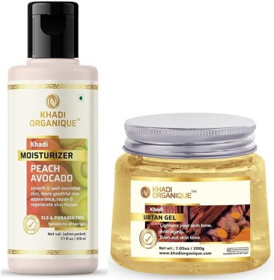 khadi ORGANIQUE Peach Avocado Moisturizer (210 ml) & Ubtan Gel (200 ml) Combo – Natural Skincare Duo for Hydration and Glow(2 Items in the set)