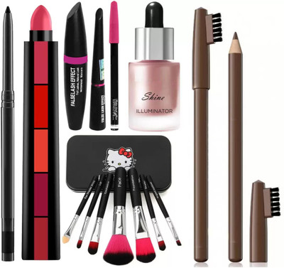 SUBHMUN 3in1 Eyeliner Mascara Eyebrow Pencil & 5 Step Lipsticks & Set of 7 Makeup Brush & Iconic Shine Illuminator Highlighter(6 Items in the set)