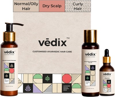 Vedix Hair Fall Control Regimen for Normal/Oily Hair - Dry Scalp & Curly Hair - Ayurvedic Hair Care Regimen - 3 Product Kit - Anti Hair Fall Oil Fenugreek + Sesamum - Anti-Hairfall Shampoo - Vithan Pro Hair Growth Serum(3 Items in the set)