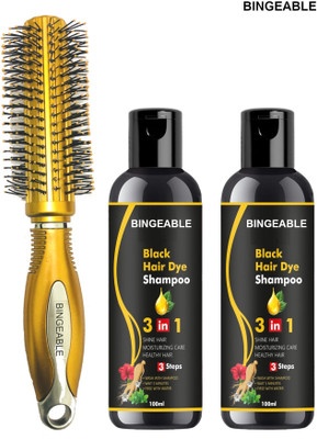 Bingeable Herbal 3in1 Black Hair Dye Shampoo Combo (100ml x 2) + Yellow Salon Round Comb(3 Items in the set)
