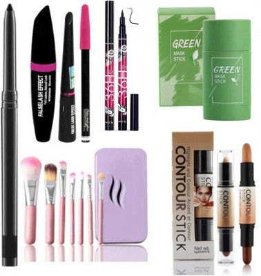 Dhanmann 3 In1 Waterproof Eyeliner, mascara, Kajal& 36H Eyeliner& 7 Pcs Brush(HK)& 2in1 Contour Stick& Green Tea Face Mask(6 Items in the set)
