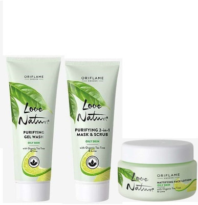 Oriflame LOVE NATURE Purifying Gel Wash + Purifying 2-in-1 Mask & Scrub + Mattifying Face Lotion with Organic Tea Tree & Lime(3 Items in the set)