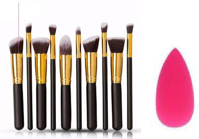 Pohok 10 Pcs Makeup Brushes Set Tool Pro Foundation Eyeliner Eyeshadow (Black) With Sponge puff(11 Items in the set)