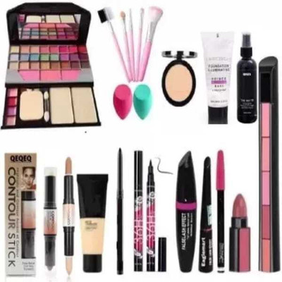 Hezruck Fixer, Primer, Foundation & Compact Powder With 2 Pc Blender Puff With 6155 Makeup Kit & Makeup Brushes(13 Items in the set)