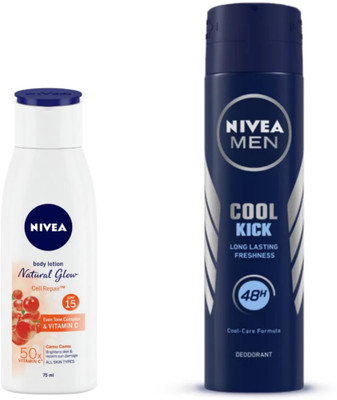 NIVEA Natural Glow Cell Repair Lotion - 75ml & Cool Kick Deodorant - 150ml(2 Items in the set)