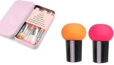 Lenon Beauty Hello Kitty 7 Piece Makeup Brush Set for Women (Pink) & 2 elastic soft mashroom shape blender for liquid,cream & powder sponge make up puff( multicolored)(3 Items in the set)