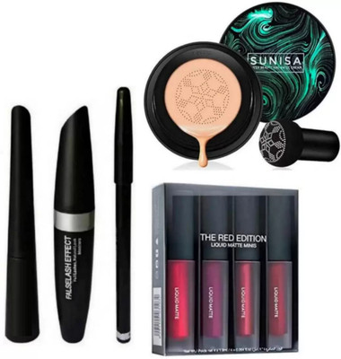 SHEFFO Eyeliner & Mascara & Eyebrow Pencil & Red Mini Liquid Lipstick Set & Foundation(3 Items in the set)