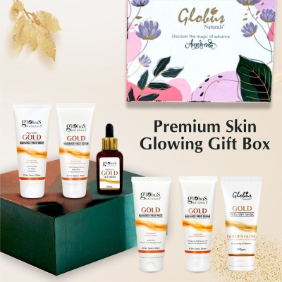 Globus Naturals Gold Radiance Skin Lightening Gift Box, Face Wash, Face Cream, Face Scrub, Peel Off Mask, Face Pack & Face Serum(6 Items in the set)