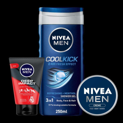 NIVEA Cool Kick 250ml Sg DI Acne 100ml fw and Men Cr 30ml Set of 3pcs(3 Items in the set)