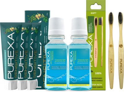 PUREXA Three Sensitive Herbal Toothpaste Two Bamboo Charcoal Soft Toothbrush Two Antioxidant Mouthrinse Mouthwash(7 Items in the set)