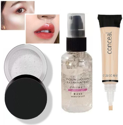 Latixmat MAKEUP BASE FACE PRIMER , LOOSE POWDER HIGHLIGHTER & CONCEALER CORRECTOR MAKEUP COMBO(3 Items in the set)
