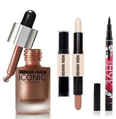 INDIANA HUDA GLOW (Terracotta Bronze)Iconic illuminator highlighter & Dual-Ended, 2IN1 Contour Stick & Long Stay,No-Smudge 36H EYELINER(3 Items in the set)