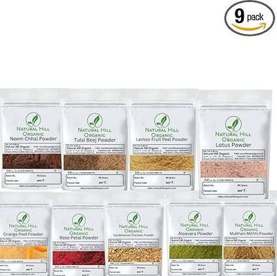 NATURAL HILL ORGANIC Skin Care Combo Powder Rose Petal Multani Mitti Neem Lotus Sandalwood Orange Peel Lemon Peel Aloevera Tulsi 1350g (150x9)(9 Items in the set)