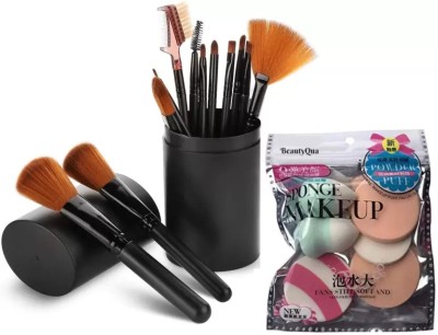 WEEPER 12 Pcs Soft Makeup Brush With Barrel Storage Box Black (Multicolor) & 6in1 Makeup Blender Sponges Puff(2 Items in the set)