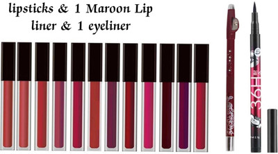 Yuvami's Professional 12 Pcs Waterproof & Smudge Proof Liquid Lipsticks With 1 pcs 36H Liquid Eyeliner & 1 Pcs Maroon Lip Liner(14 Items in the set)