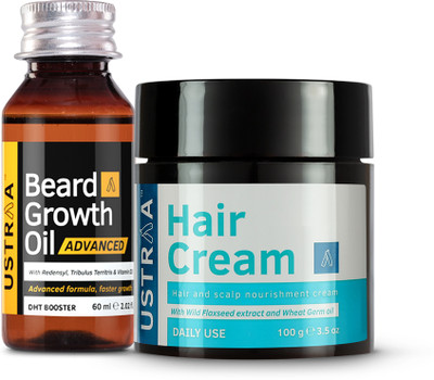 USTRAA Beard Growth Oil Advanced - 60 ml & Hair Cream for men - Daily Use - 100g(2 Items in the set)