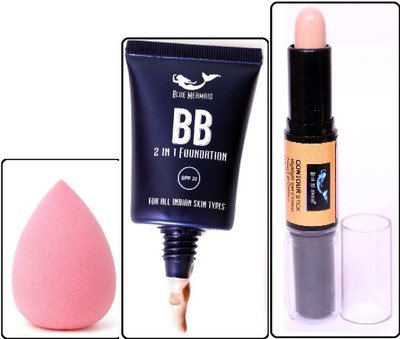 BLUEMERMAID WATERPROOF FOUNDATION WITH CONTOUR STICK & MAKEUP SPONGE(3 Items in the set)