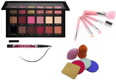 SUBHMUN 5 makeup brush set with rosegold eyeshadow+ eyeliner & 6 in 1 puff set(14 Items in the set)