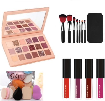 brown blush EYESHADOW KIT WITH BLACK MAKEUP BRUSH SET AND PUFF PACKET, 4PCS LIPSTICK(4 Items in the set)