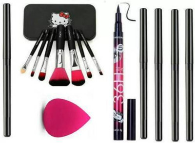SHISHI kajal with 7 pcs face makeup brush with eyeliner with PUFF (14 Items in the set)(14 Items in the set)