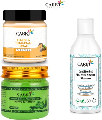 Caret Organic Haldi & Chandan Ubtan Face Pack And Neem Tulsi Gel & Conditioning Aloevera & Neem Shampoo(3 Items in the set)