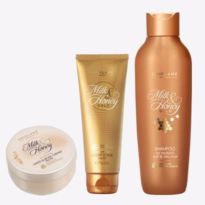 Oriflame MILK & HONEY GOLD Shampoo for Radiant, Soft & Silky Hair 250 ml , MILK & HONEY Hand & Body Cream 75 g , Sugar Scrub 75 g(3 Items in the set)