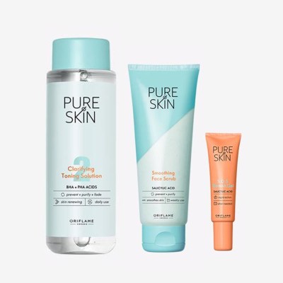 Oriflame PURE SKIN Clarifying Toning Solution 150 ml , PURE SKIN Smoothing Face Scrub 75 ml , PURE SKIN SOS Blemish Gel 6 ml(3 Items in the set)