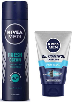 NIVEA FRESH OCEAN DEODORANT SPARY & OIL CONTROL CHARCOAL FACE WASH 100 ML(2 Items in the set)