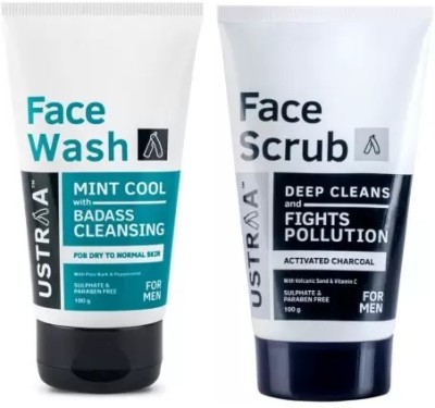 USTRAA Face Wash Dry Skin - Mint Cool - 100g and Activated Charcoal - Anti-pollutant Face Scrub - 100g(2 Items in the set)