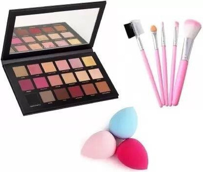 Plimsoll 18 Colors Textured Eyeshadow Palette Rose Gold Edition 5 pc Makeup Brush & 3 pcs Beauty Blender(3 Items in the set)