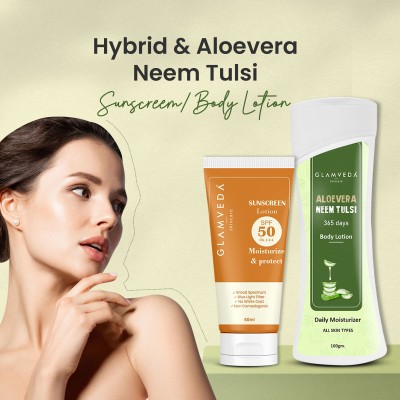 GLAMVEDA Hydrating Aloevera & Neem Body Lotion & Hybrid Sunscreen Lotion Spf 50 PA+++ Moisturize & Protect 160gm(2 Items in the set)