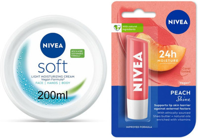 NIVEA Soft Cream 200ml lotion & Peach Lipbalm Set of 2(2 Items in the set)