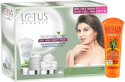 LOTUS HERBALS WhiteGlow Day & Night Pack With Facial Foam WITH Safe Sun 3 In 1 Matte-Look Daily Sunscreen SPF 40 PA+++ 75G(4 Items in the set)