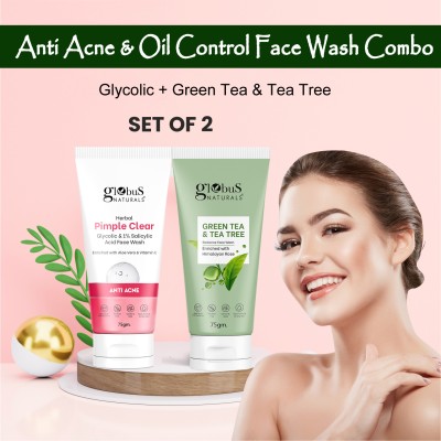 Globus Naturals Anti Acne & Oil Control Face Wash Combo- Glycolic Face Wash & Tea Tree Face Wash, 75gm(2 Items in the set)