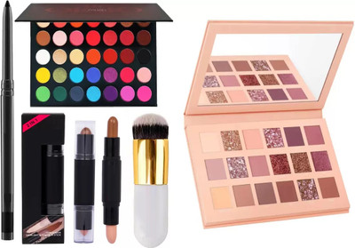 SHEFFO Eyeshadow Palette & Highlighter Contour Stick & Round Shape Foundation Brush(5 Items in the set)