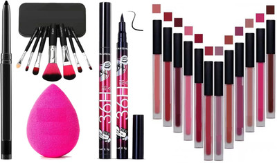 SUBHMUN Kajal & Set of 7 Professional Makeup Brush & Puff & 36H Eyeliner & Set of 12 Liquid Matte Lipstick(5 Items in the set)