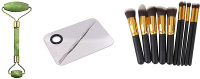 Lusty soul Facial Massager Jade Roller Makeup Mixing Plate with Spatula Tool & Fiber Bristle Makeup Brushes - Black and Golden(3 Items in the set)