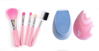 SHAGGY Girls Face Makeup 5 Piece brush pink +2Beauty Sponge Combo(7 Items in the set)