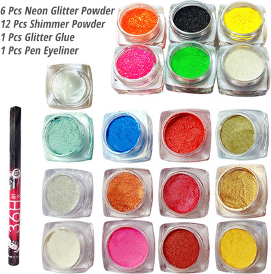 vizo Eyeshadow: Neon Glitter 6 Color with 12 Color Shimmer Powder + 1 Pen Eyeliner(20 Items in the set)