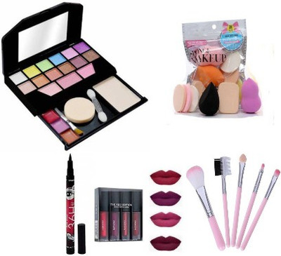 TUMR 5024 MULTICOLOR MAKEUP KIT + 6IN1 PUFF SET + 36H BLACK EYELINER + MATTE MINI LIPSTICK + 5PC, MAKEUP BRUSH SET(5 Items in the set)