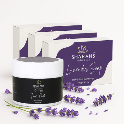 Sharans 1 DeTan Instant Glow & Brightening Cream Face Pack + 3 Natural Lavender Soap (Combo Pack)(4 Items in the set)