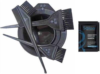 HITAN HAIR DYE MIXING BOWL SET WITH 3 BRUSHES AND ANTI DANDRUFF SHAMPOO POUCH(5 Items in the set)