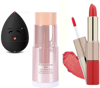 KAIASHA PROFESSIONAL FOUNDATION CONCEAER STICK OIL FREE MAKE UP,BEAUTY SPONGE BLENDER FOR FACE,2 IN 1 MATTE LIQUID LIPSTICK(3 Items in the set)